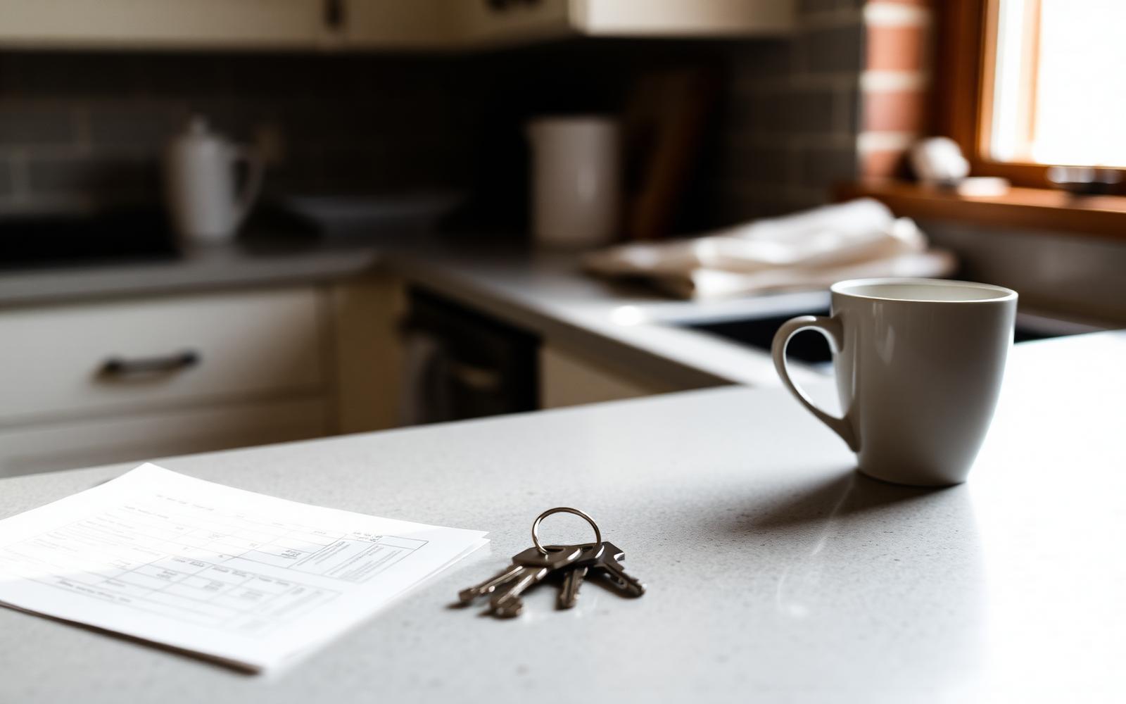 Keys and a loan estimate on a sunlit kitchen counter in a small city home