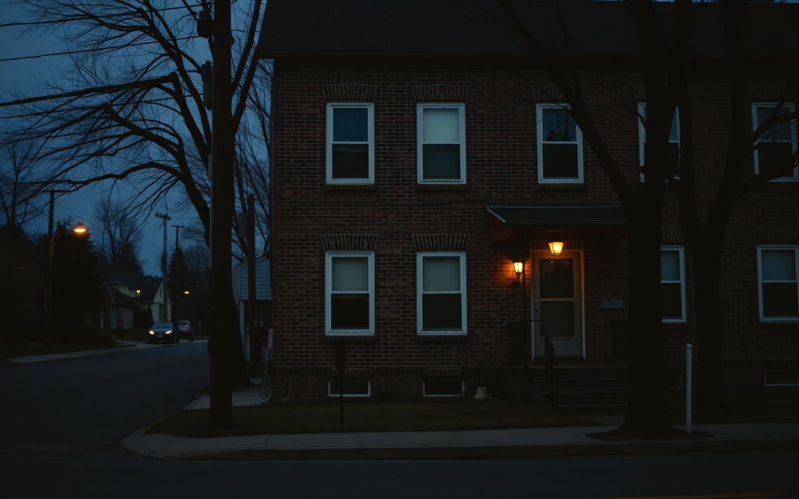 A brick duplex on a quiet street at dusk with porch lights on