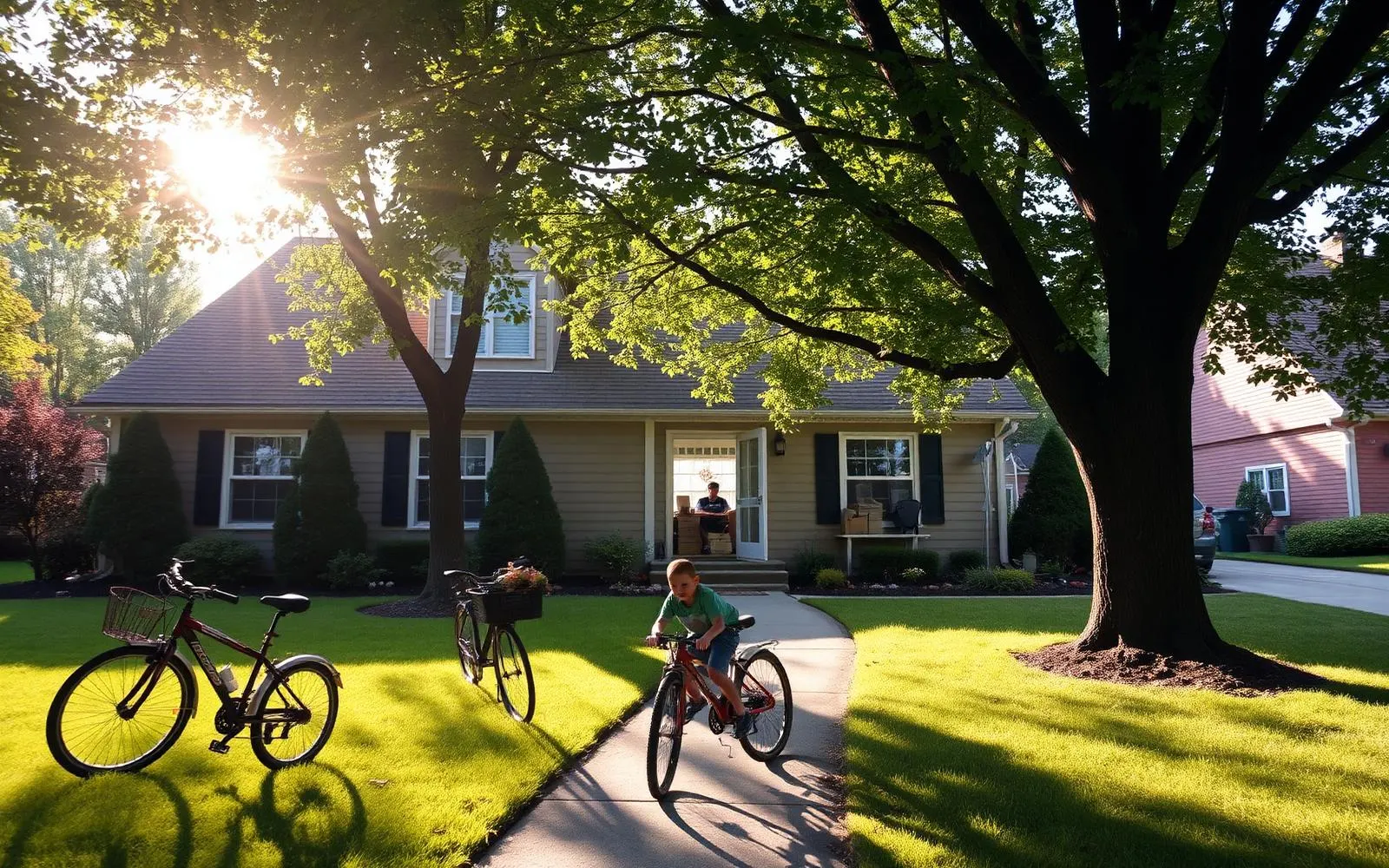 A larger family home under mature trees on a summer afternoon