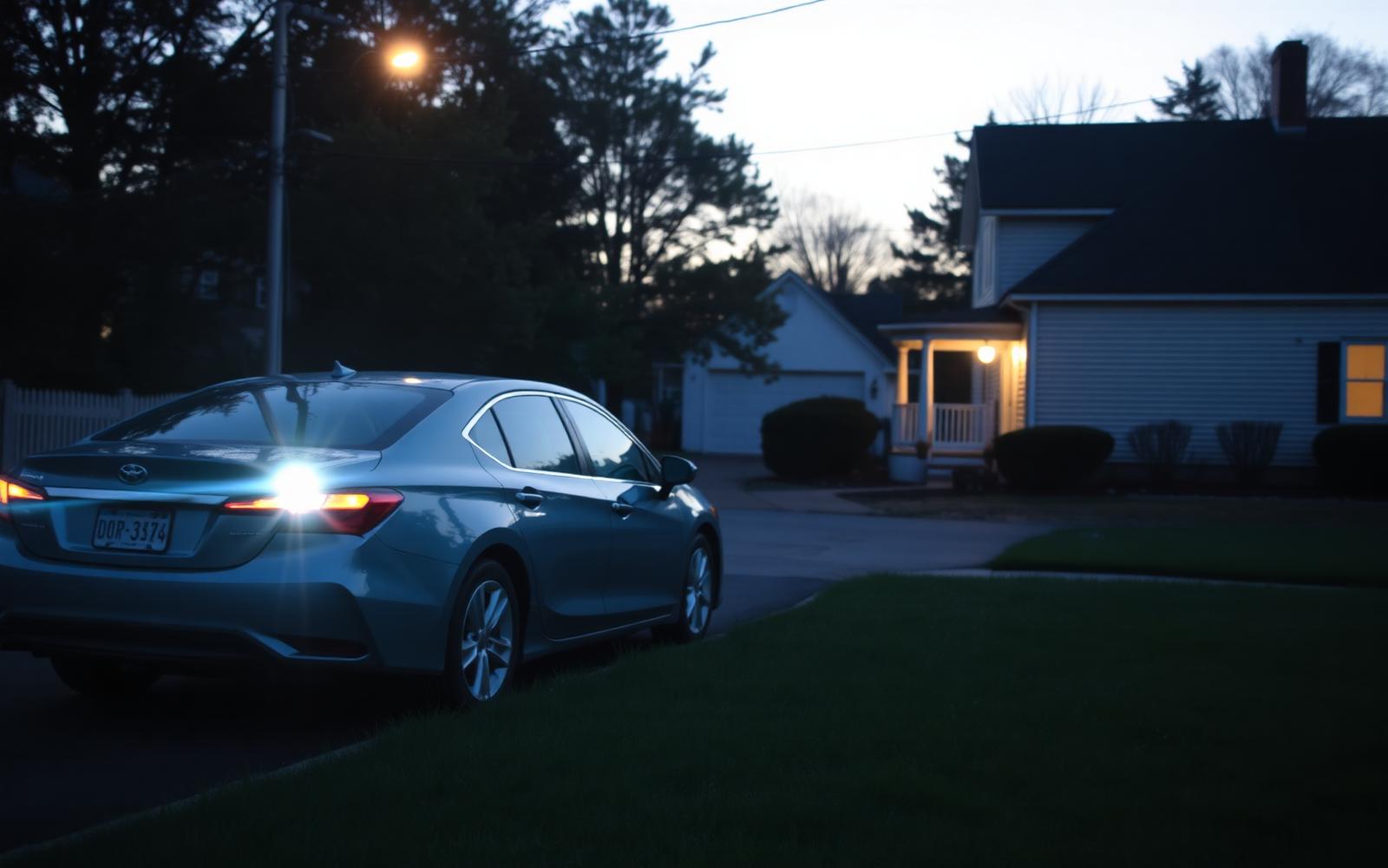A quiet suburban street before dawn with a porch light on