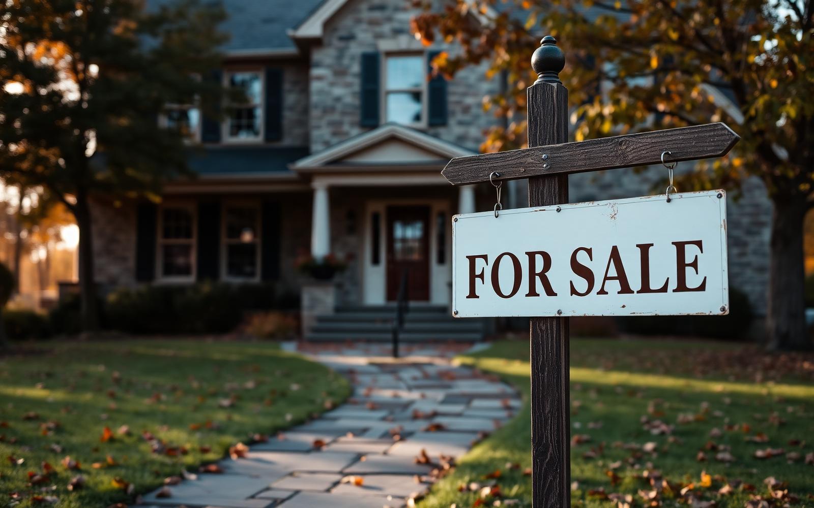 A for sale sign in front of a stone Pennsylvania home on an autumn afternoon