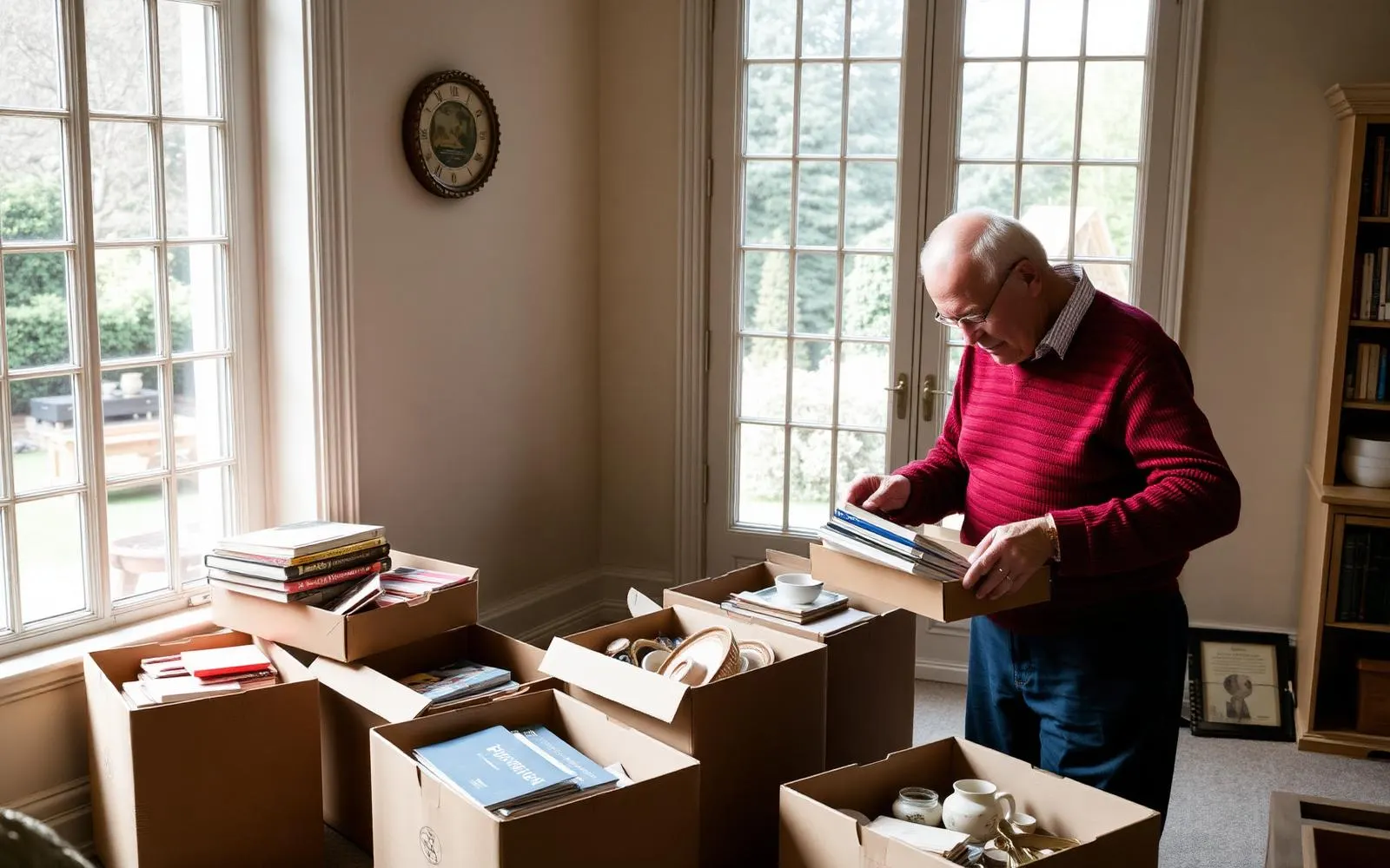 An older adult packing books and ceramics into boxes in a light filled room with tall windows