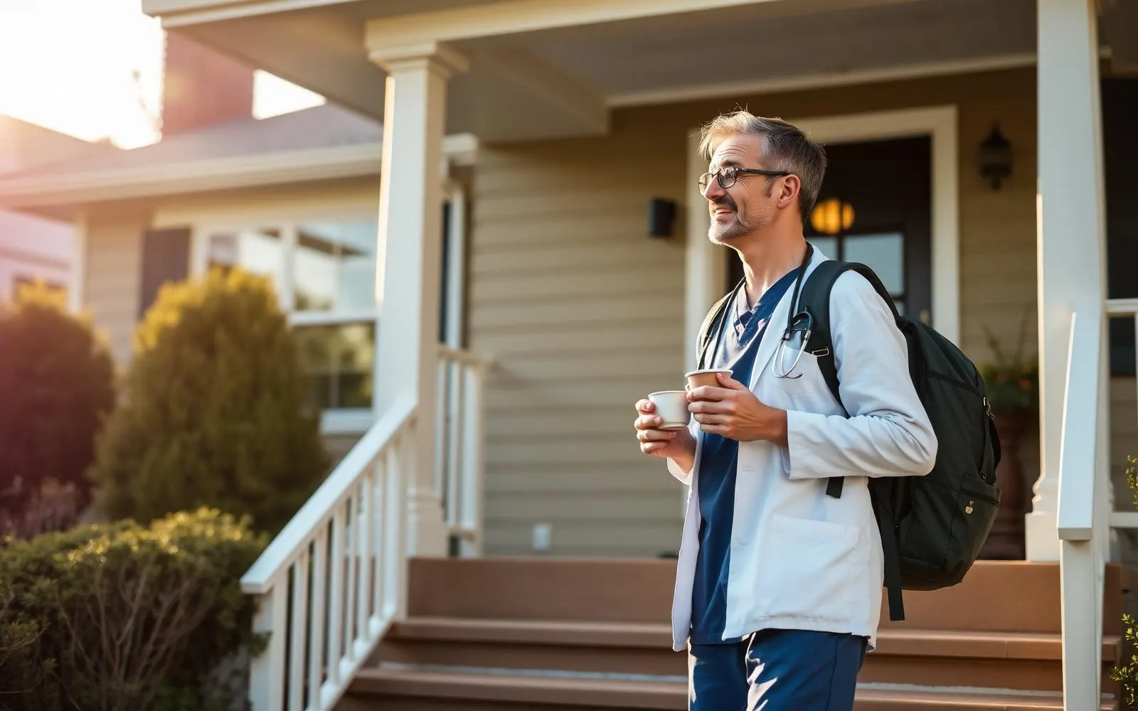 A physician in scrubs with a backpack standing on the front steps of a house in early morning light